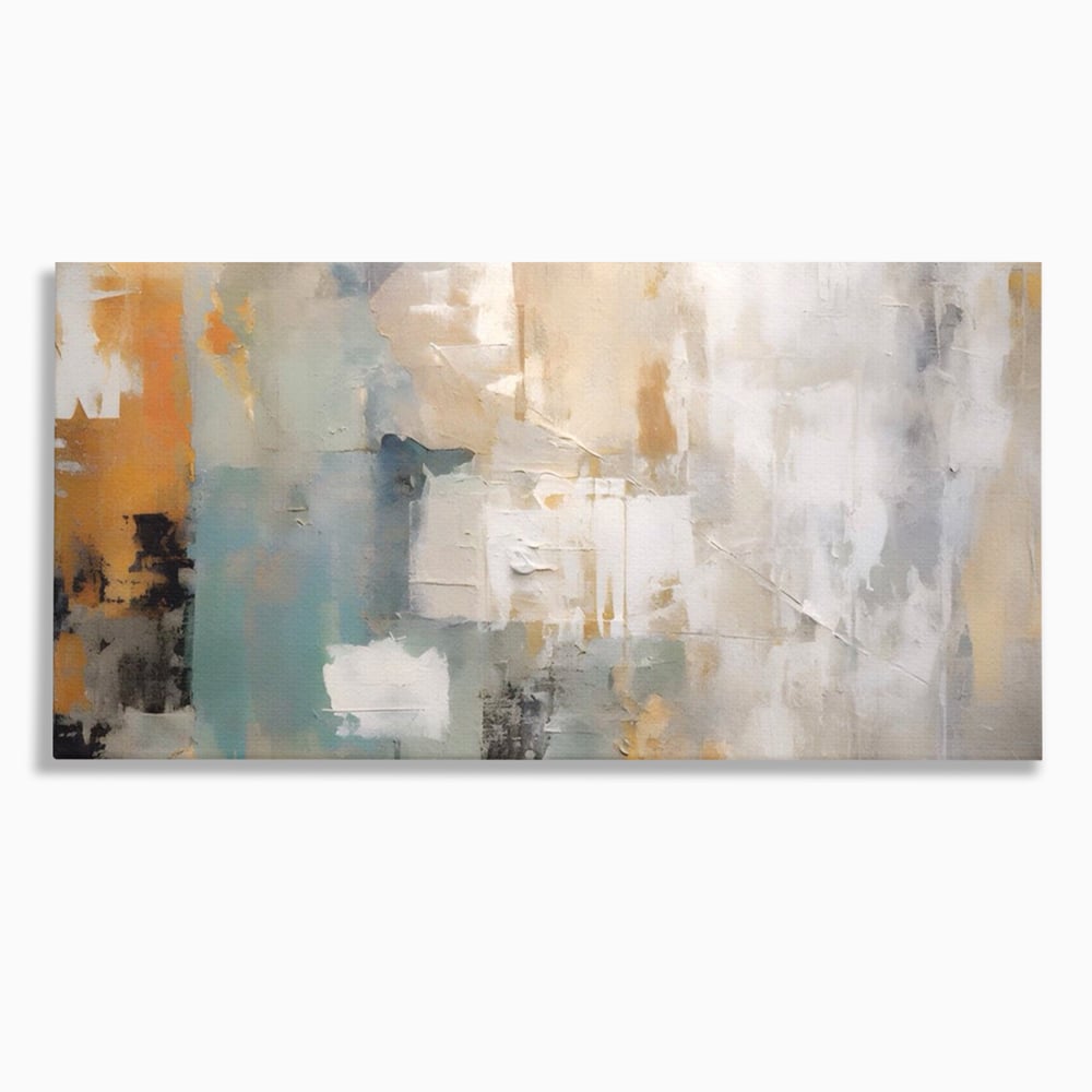 Tablou canvas cu pictura abstracta cu texturi alb, gri si turcoaz, fara rama, pe sasiu de lemn